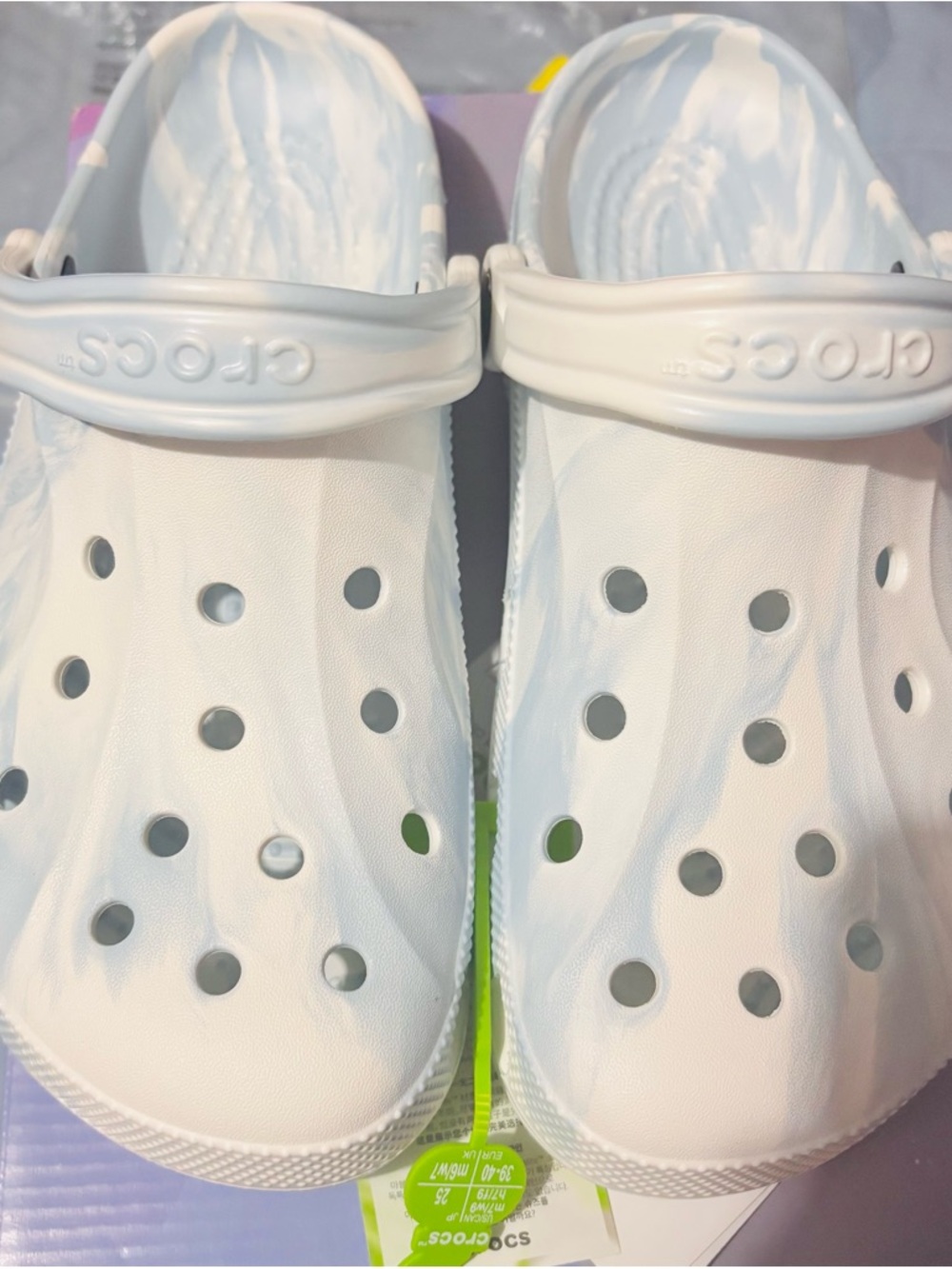 CROCS Women’s Classic Clog in White with Light Blue Marbling